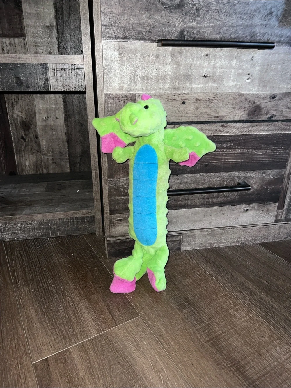 Plush Dragon Dog Toy - Green with Blue & Pink Accents